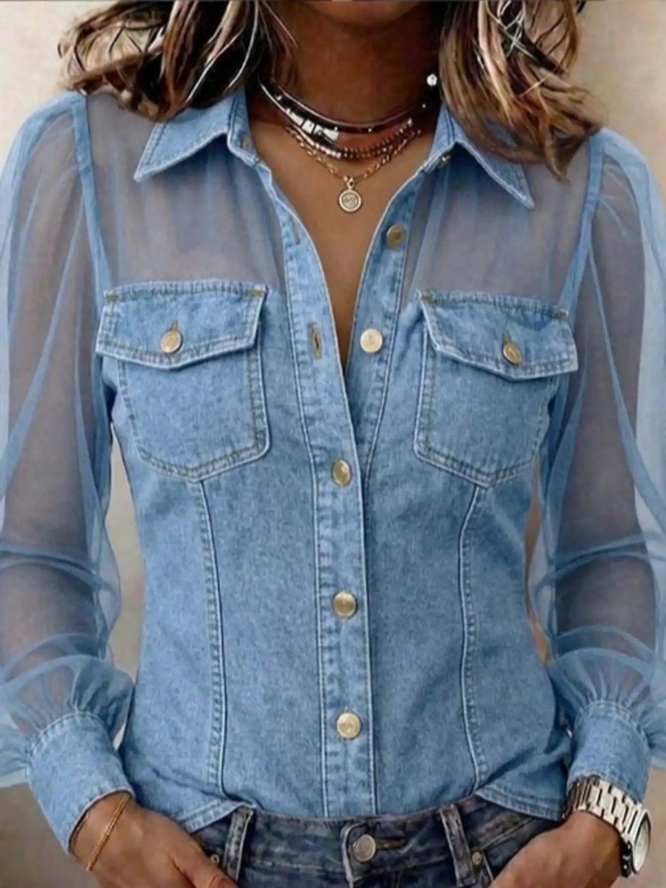 Women's Denim Fabric & Mesh Patchwork Shirt, Long Sheer Puff Sleeves, Button-Down With Fake Chest Pockets, Slim Fit Casual Top For Everyday Wear