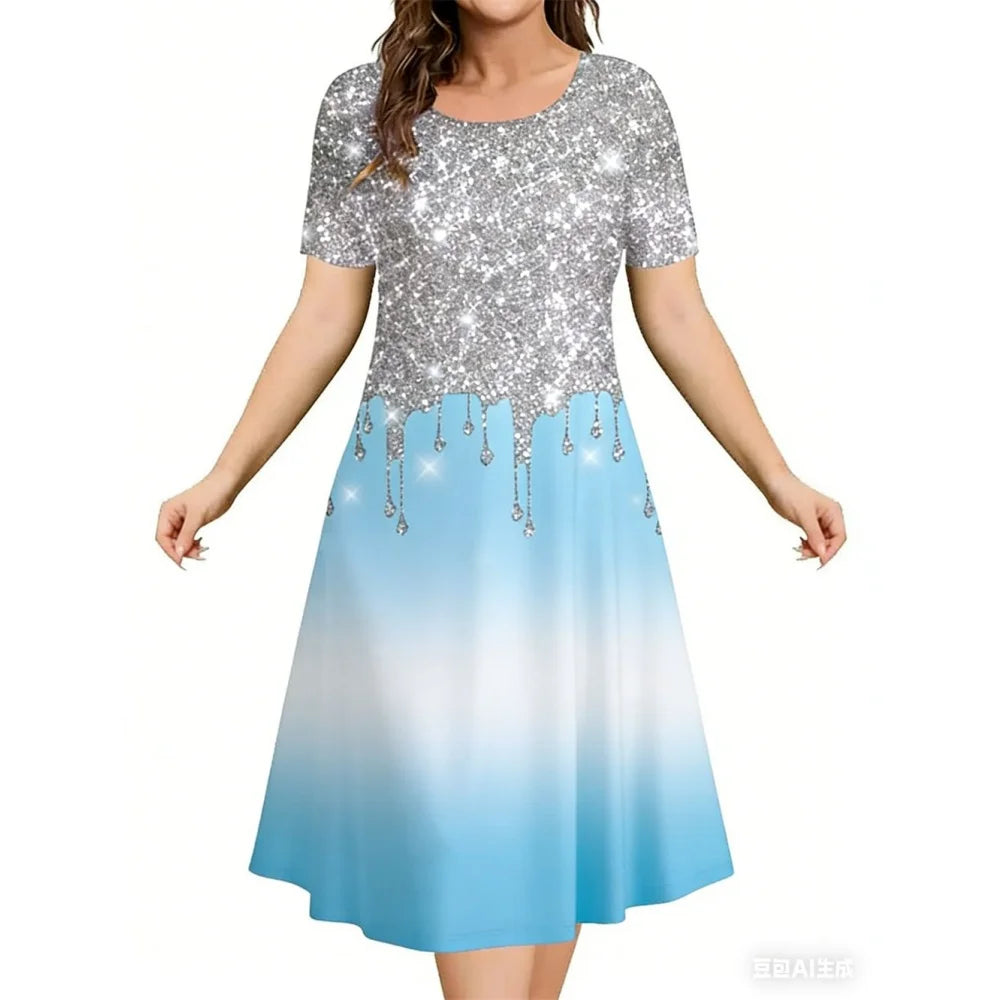 2026 New Women's Simple Gradient Color Casual Dresses Elegant Woman Clothes Evening Midi Dress Crew Neck Short Sleeve Dresses