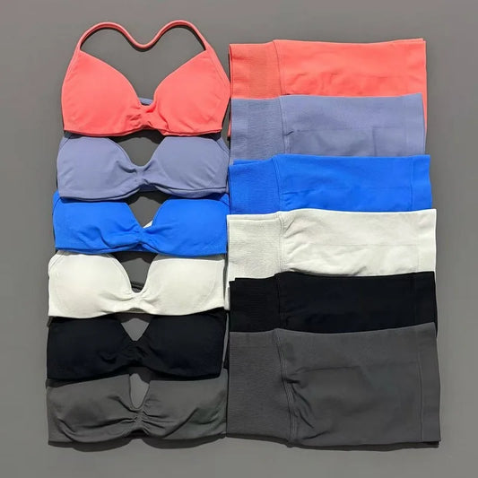 2 Pieces Yoga Gym Set Women Seamless Strappy Yoga Bra High Waist Workout Scrunch Shorts Sports Set Fitness Clothes Sportswear