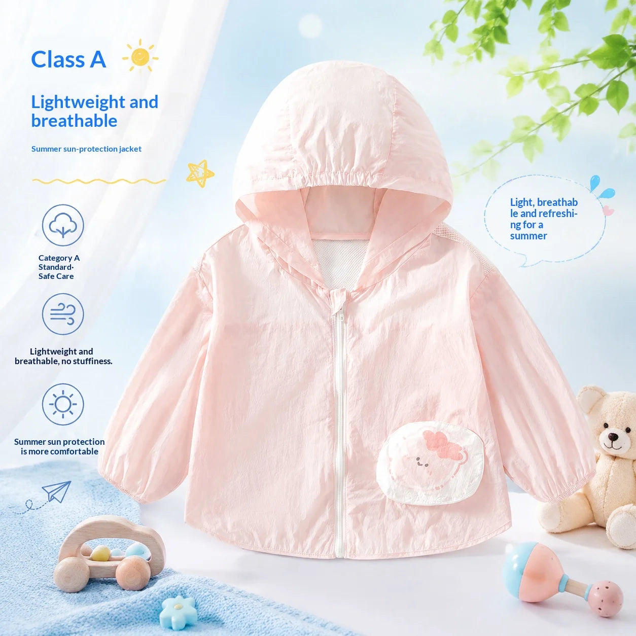A Class Baby Sun Protection Jacket Summer Ultra Thin Lightweight Hooded Coat Cartoon Pocket Print Zipper Skin Friendly Toddler O