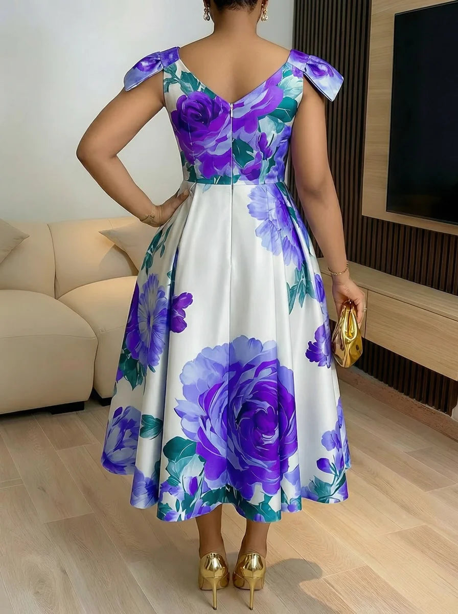 Off Shoulder Bow Strap Floral Print Midi Swing Dress For Women Wedding Guest Brunch Daily Elegant Party Occasions