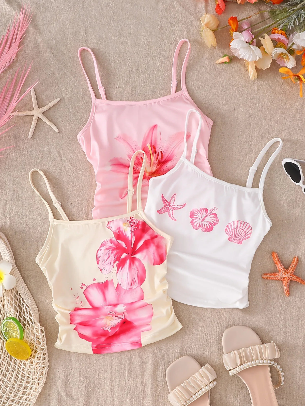 Girls 3 Pack Tropical Floral Starfish Shell Print Camisole Adjustable Spaghetti Strap Ruched Slim Tank Tops Summer Beach Vacatio