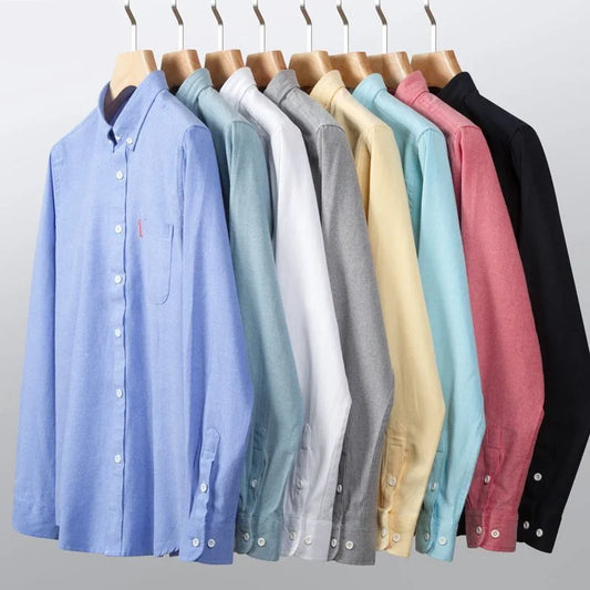 100% Cotton Oxford Shirt For Men Long Sleeve Solid Casual Business Regular-Fit Formal Dress Shirts Social Blouse Men's Clothing