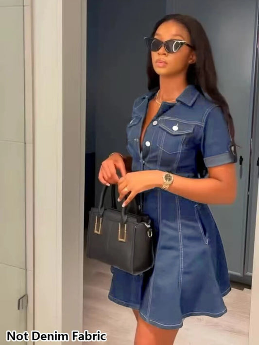 Women's Collared Button Front Short Sleeve Fitted Flared Mini Dress For Daily Street Brunch Dating Casual Fashion Occasions