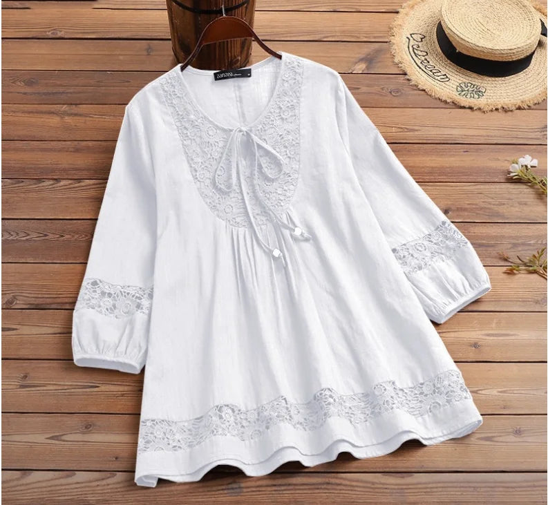 Elegant Lace Decoration Shirt Women Hollow Out O Neck Lace-up Pullover Blouse England Style Commuter Seven-quarter Sleeves Tops