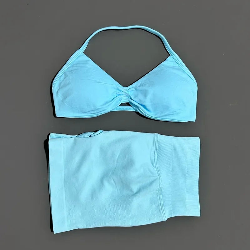 2 Pieces Yoga Gym Set Women Seamless Strappy Yoga Bra High Waist Workout Scrunch Shorts Sports Set Fitness Clothes Sportswear