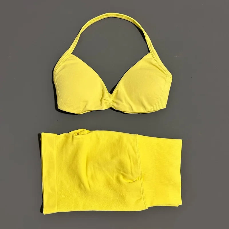 2 Pieces Yoga Gym Set Women Seamless Strappy Yoga Bra High Waist Workout Scrunch Shorts Sports Set Fitness Clothes Sportswear