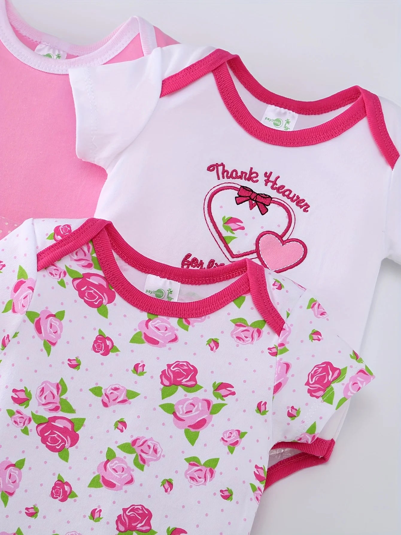5pcs Baby Girls Short Sleeve Triangle Bodysuits, Cotton Breathable Floral & Heart Print Outfits, Essential Wear for Newborns, Hospital & Outdoor Use, Crew Neck,, Perfect for Outdoor