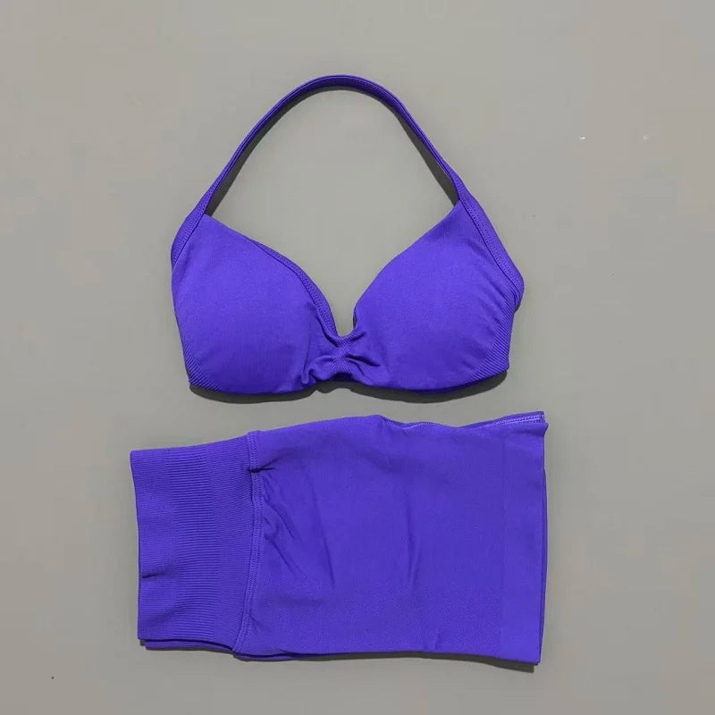 2 Pieces Yoga Gym Set Women Seamless Strappy Yoga Bra High Waist Workout Scrunch Shorts Sports Set Fitness Clothes Sportswear