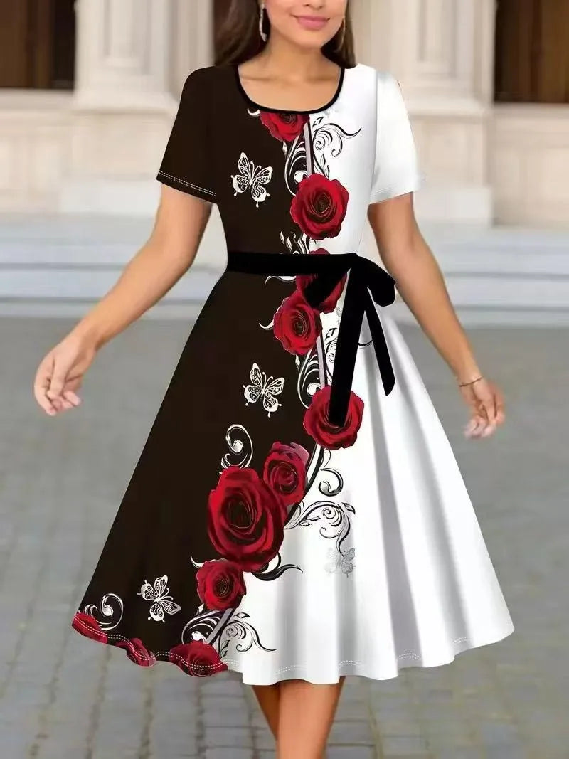 Women Floral Print A-Line Dress O Neck Short Sleeve Tie Waist Casual Midi Dress Black White Elegant Party Sundress