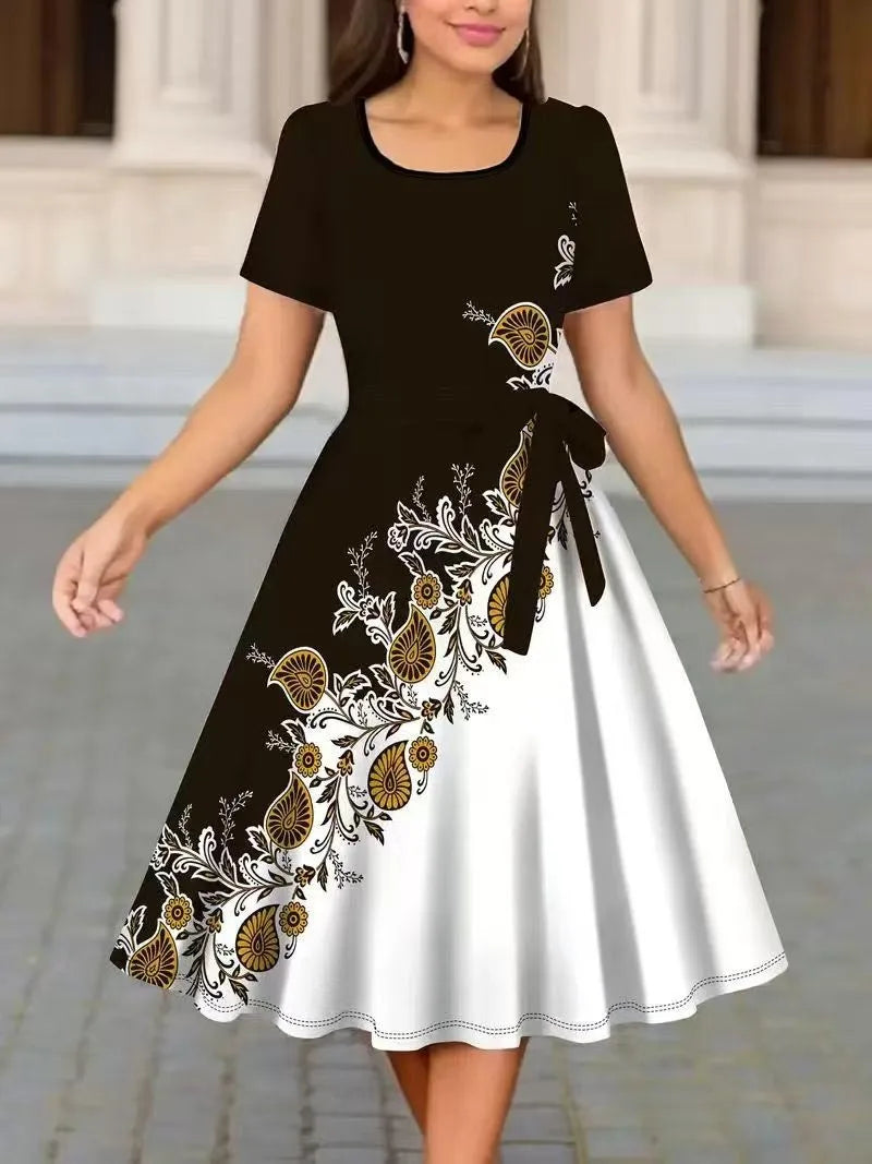 Women Floral Print A-Line Dress O Neck Short Sleeve Tie Waist Casual Midi Dress Black White Elegant Party Sundress
