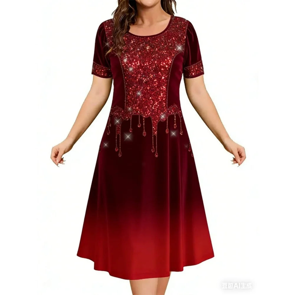 2026 New Women's Simple Gradient Color Casual Dresses Elegant Woman Clothes Evening Midi Dress Crew Neck Short Sleeve Dresses