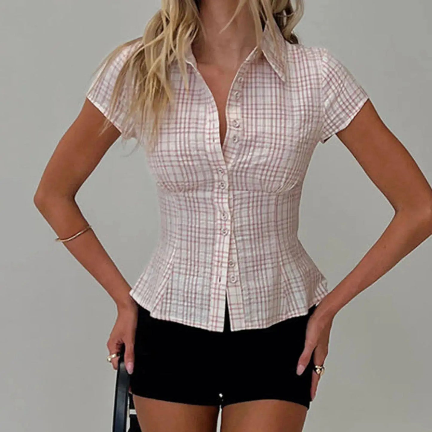 Women's Y2K Plaid Button down Shirt Short Sleeve Button down Blouse Casual Summer Top 90s Streetwear Checkered Shirt