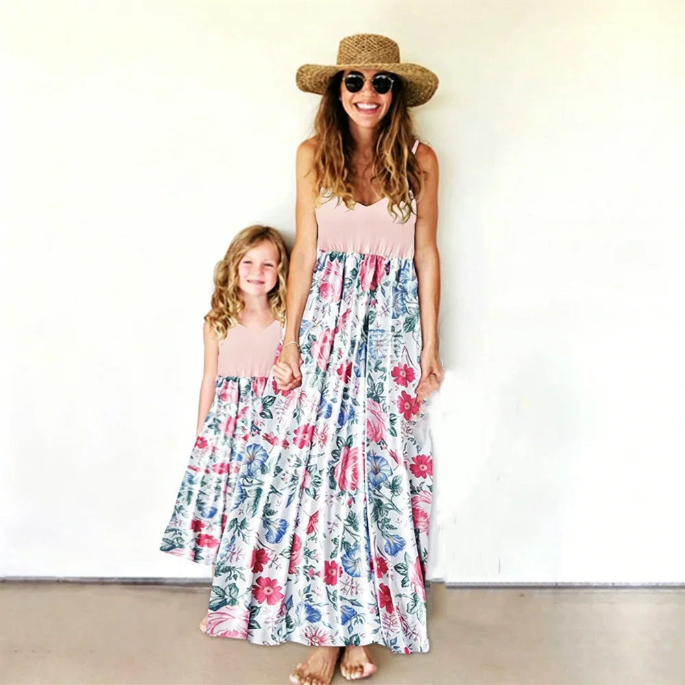 Vintage Mother Daughter Dress Vestidos Family Matching Outfits Children Dress Beach Casual Women Dresses Summer Girls Clothing