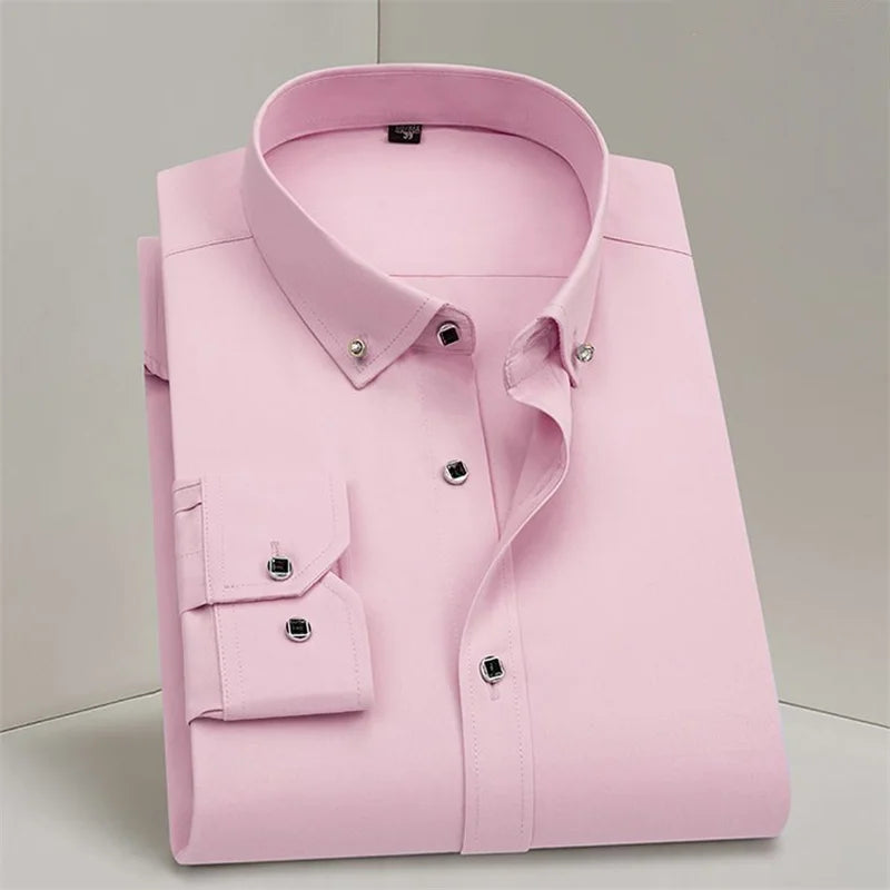 Hot Sale  Men's Dress Shirt Formal Long Sleeve Spring Thin Business Basic Diamond Button Social Black Party Wedding Man Clothing