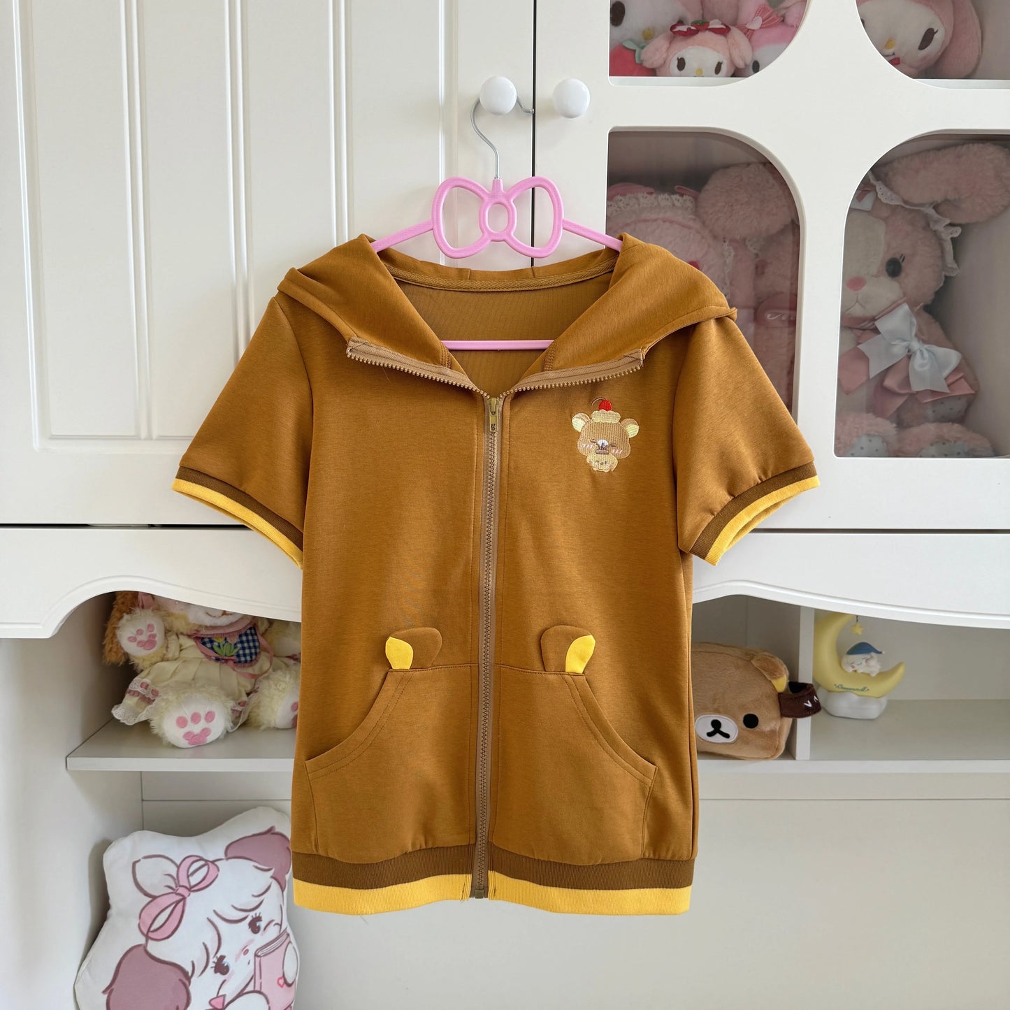 Bear Embroidered Short Sleeve Top Japanese Style Cute Soft Girl Summer Hooded Short Sleeve Zipper Jacket Women Slimming Top