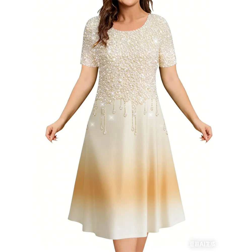2026 New Women's Simple Gradient Color Casual Dresses Elegant Woman Clothes Evening Midi Dress Crew Neck Short Sleeve Dresses