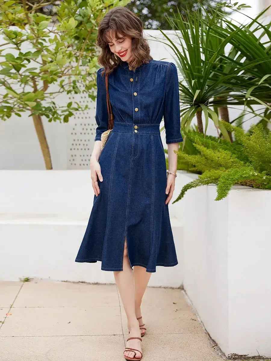 LOUIS YAO Women Denim Dress Retro Style Casual 2024 Spring Round Neck Three-quarter Sleeve Slim Fit A-line Fishtail Dress