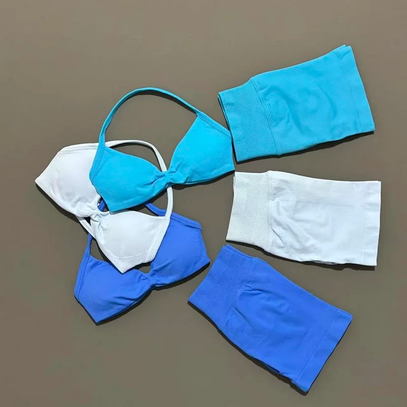 2 Pieces Yoga Gym Set Women Seamless Strappy Yoga Bra High Waist Workout Scrunch Shorts Sports Set Fitness Clothes Sportswear