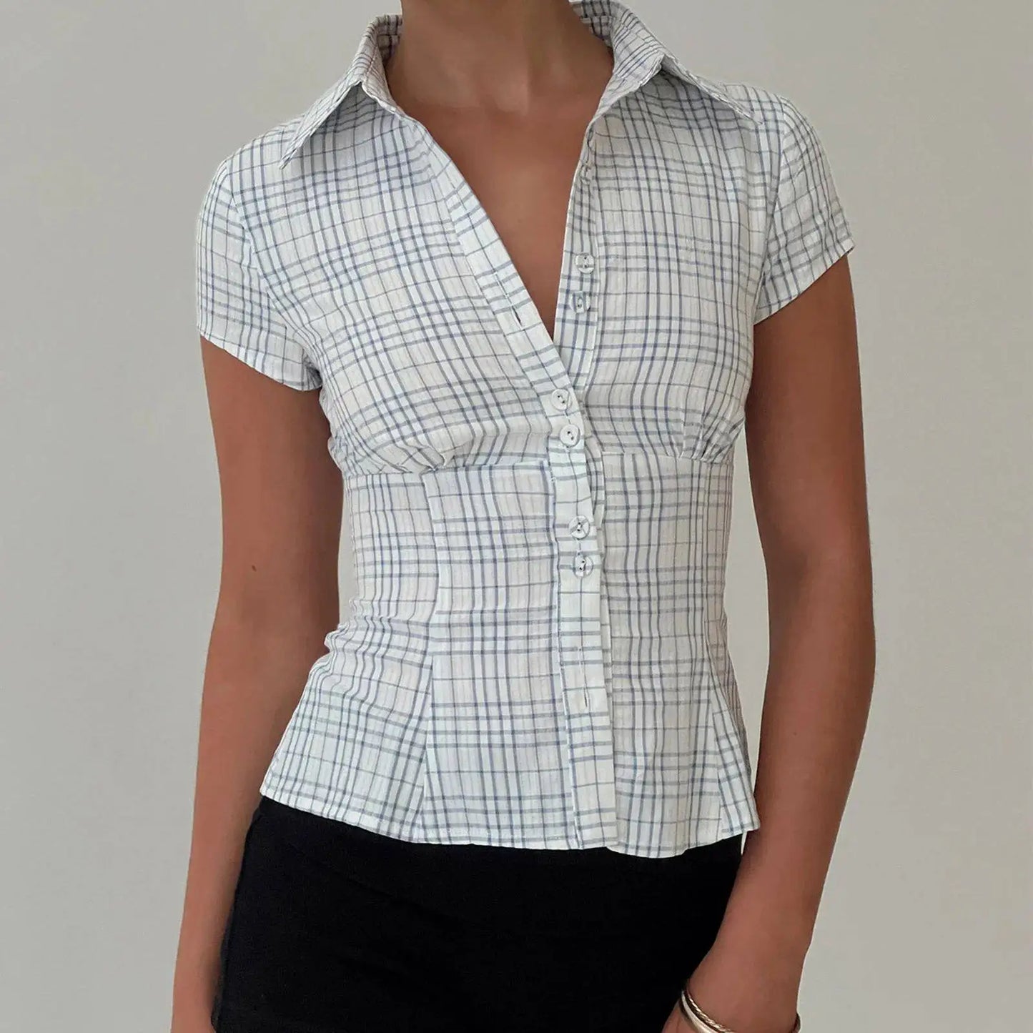 Women's Y2K Plaid Button down Shirt Short Sleeve Button down Blouse Casual Summer Top 90s Streetwear Checkered Shirt
