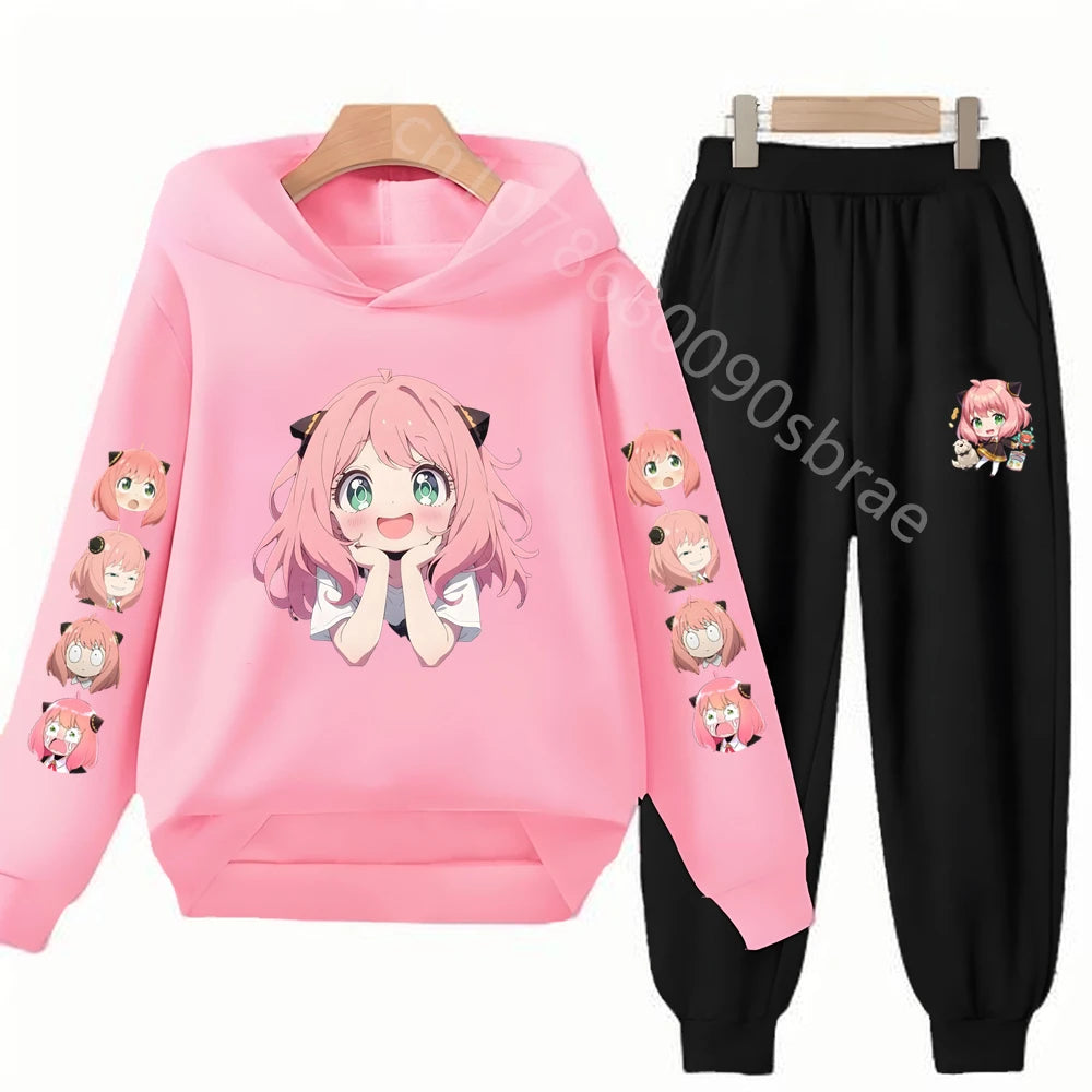Children's Top and Bottom Suit Anime Spy X Family Hoodies Girls Boy Age 3-12 Coat Casual Toddler Sweatshirt Hood Clothing