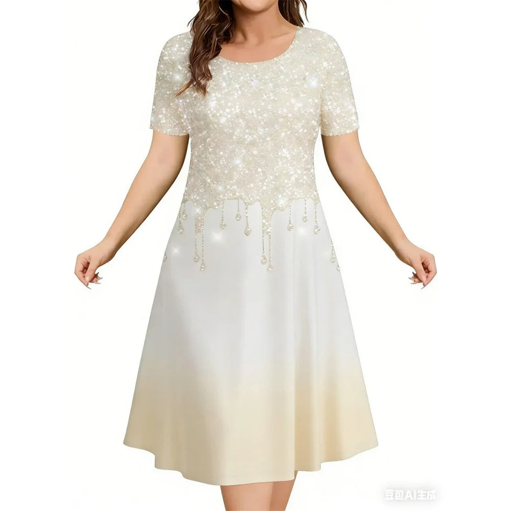 2026 New Women's Simple Gradient Color Casual Dresses Elegant Woman Clothes Evening Midi Dress Crew Neck Short Sleeve Dresses