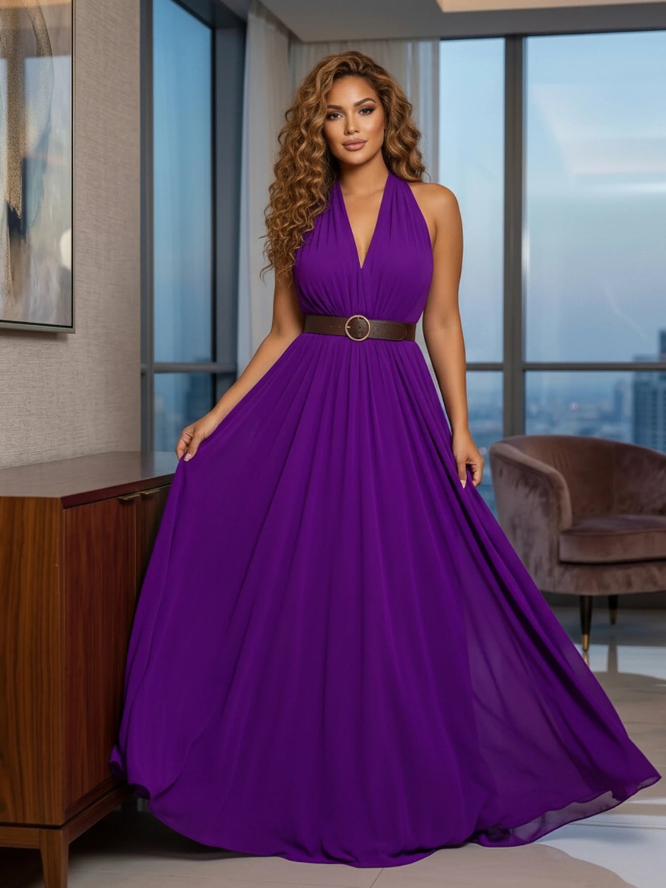 Women Halter V Neck Pleated Maxi Dress With Flowy Skirt For Formal Evening Prom Wedding Guest And Banquet Occasion