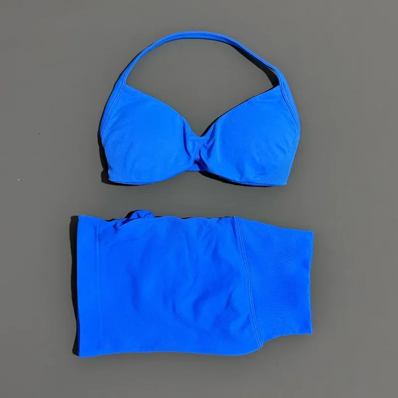 2 Pieces Yoga Gym Set Women Seamless Strappy Yoga Bra High Waist Workout Scrunch Shorts Sports Set Fitness Clothes Sportswear