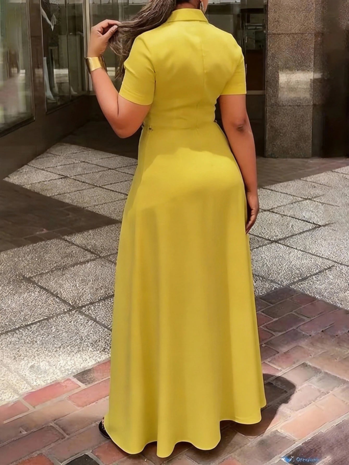 Women Lapel Collar Short Sleeve Button Maxi Dress With Side Pockets For Elegant Office Business And Daily Occasion