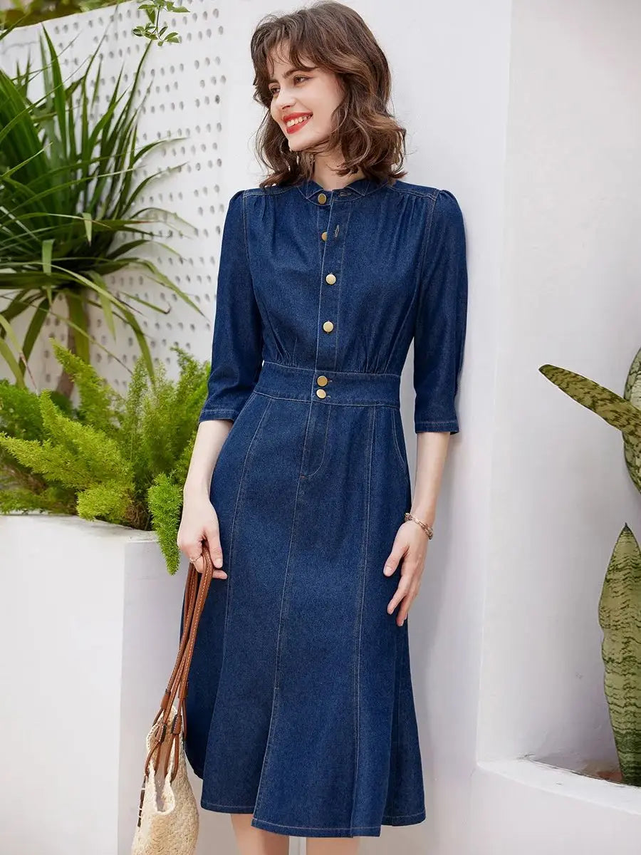 LOUIS YAO Women Denim Dress Retro Style Casual 2024 Spring Round Neck Three-quarter Sleeve Slim Fit A-line Fishtail Dress
