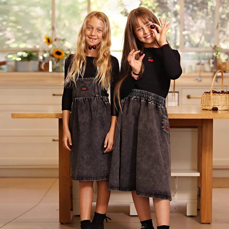 Denim Black Family Matching Set Long Sleeve Children's Clothing - Girl Dress Boys Casual Shirt Baby Rompers with Logo Embroidery