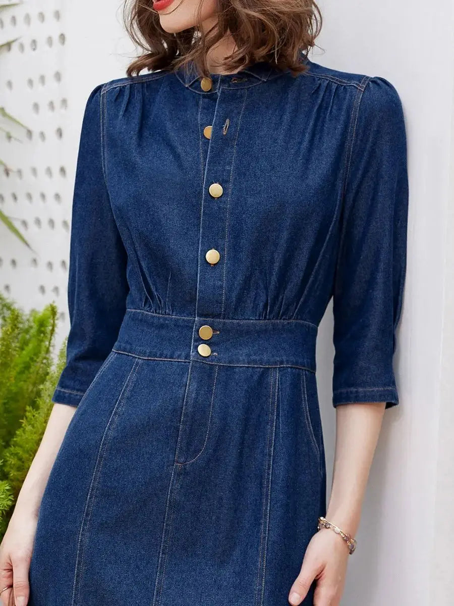 LOUIS YAO Women Denim Dress Retro Style Casual 2024 Spring Round Neck Three-quarter Sleeve Slim Fit A-line Fishtail Dress