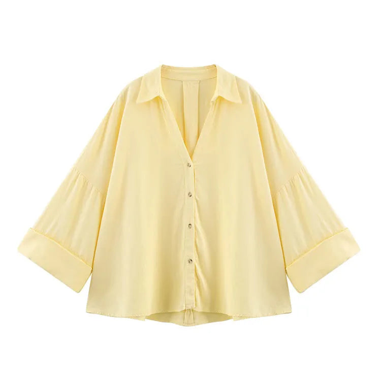 HipSeam Wide Sleeved Shirt Women Spring Asymmetric Hem Button Women's Shirts Simple Lady Johnny Collar Shirts & Blouses