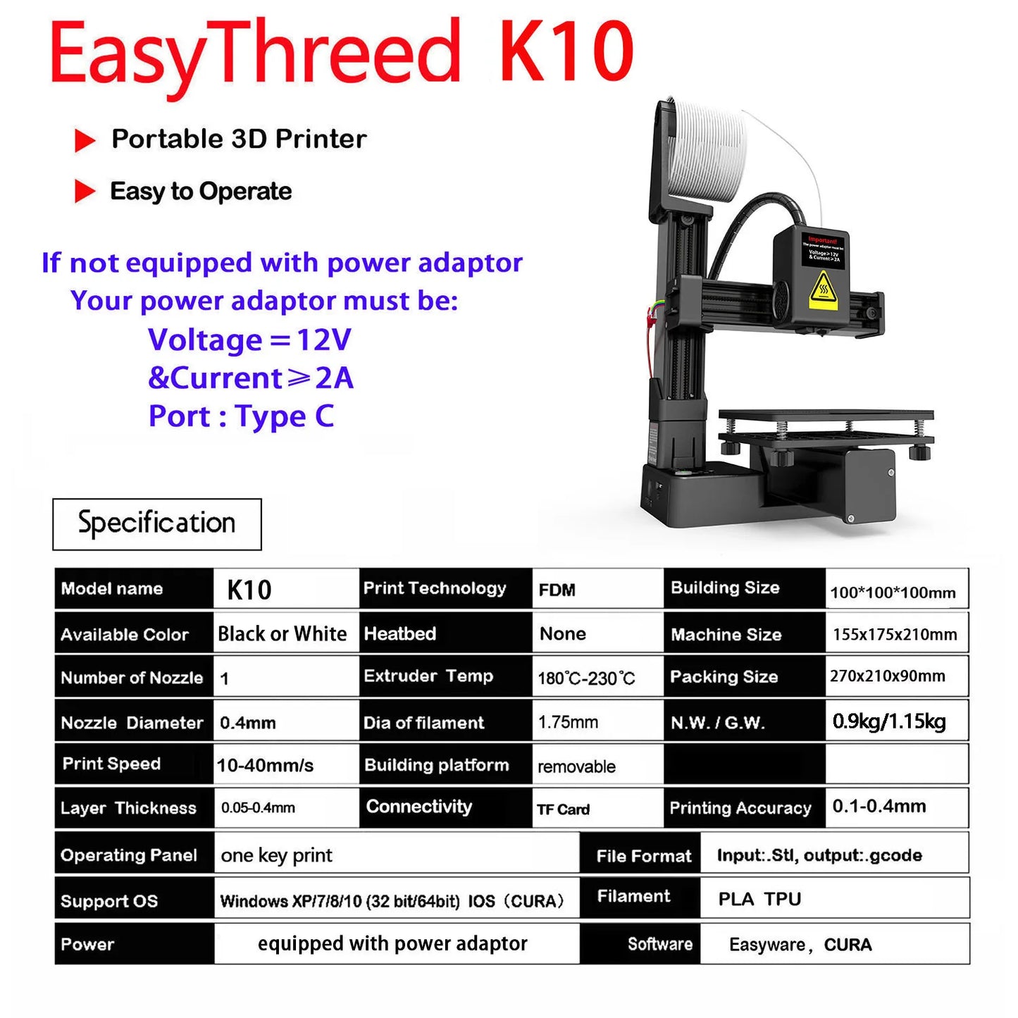 EasyThreed K10 Desktop Mini 3D Printer, Low Noise FDM 3D Printing Machine with Quick Bed Leveling, Portable Safe Printer for Youth STEM Learning Parent Child DIY Projects