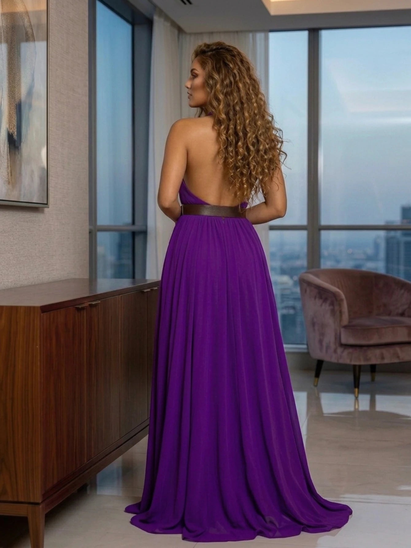 Women Halter V Neck Pleated Maxi Dress With Flowy Skirt For Formal Evening Prom Wedding Guest And Banquet Occasion