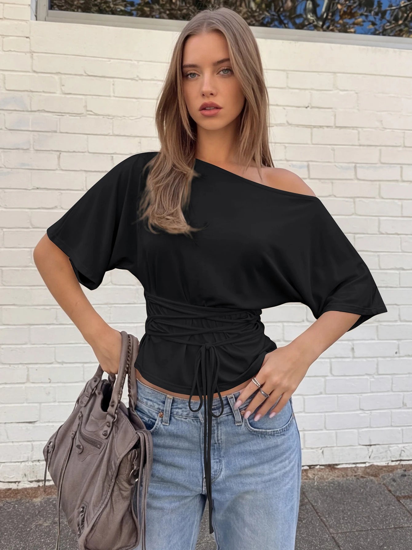 Dulzura Women'S Solid Skew Collar Half Sleeve Lace Up Slim T-Shirt Casual Versatile Y2K Top Vacation Beach Street Style Clothes