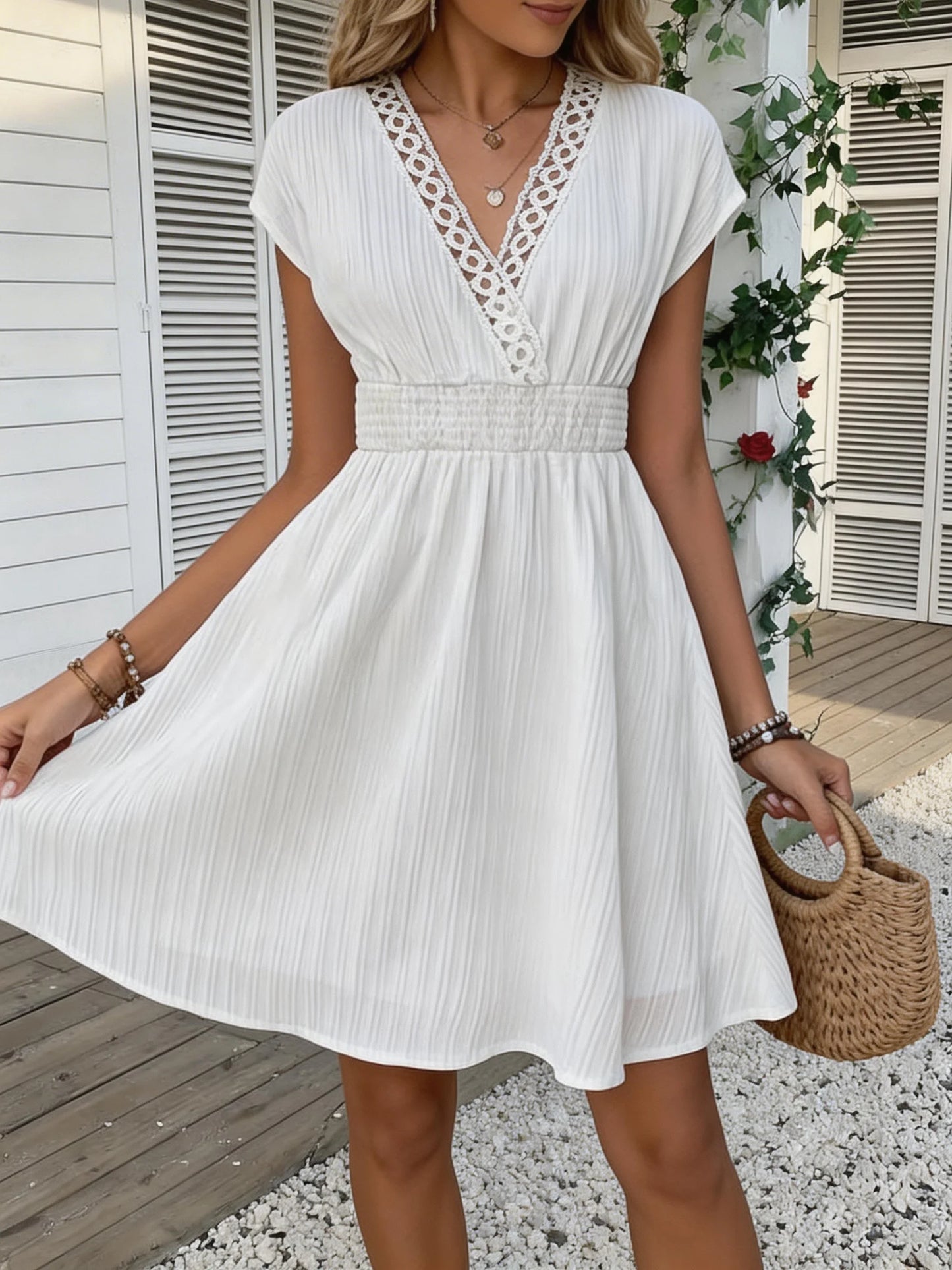 French Lace V-neck Fitted Dress with Waistline and Short Puff Sleeves. Striped Texture Short Skirt with Vertical Lines. Beach-st