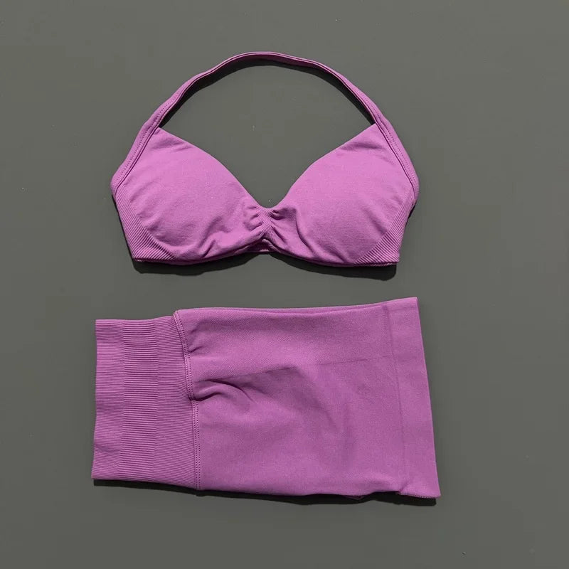 2 Pieces Yoga Gym Set Women Seamless Strappy Yoga Bra High Waist Workout Scrunch Shorts Sports Set Fitness Clothes Sportswear