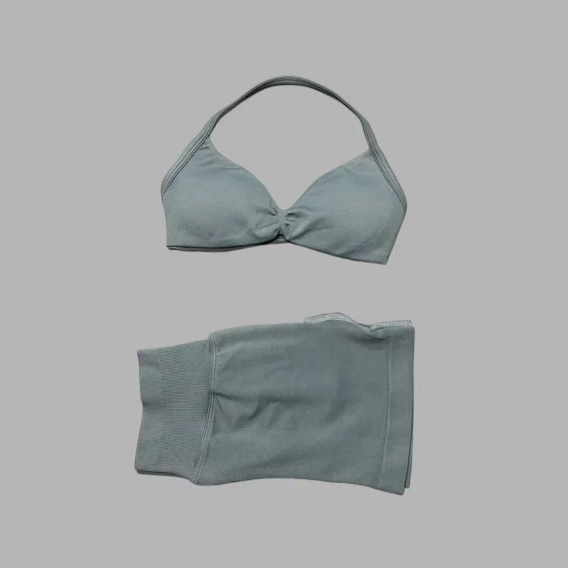 2 Pieces Yoga Gym Set Women Seamless Strappy Yoga Bra High Waist Workout Scrunch Shorts Sports Set Fitness Clothes Sportswear