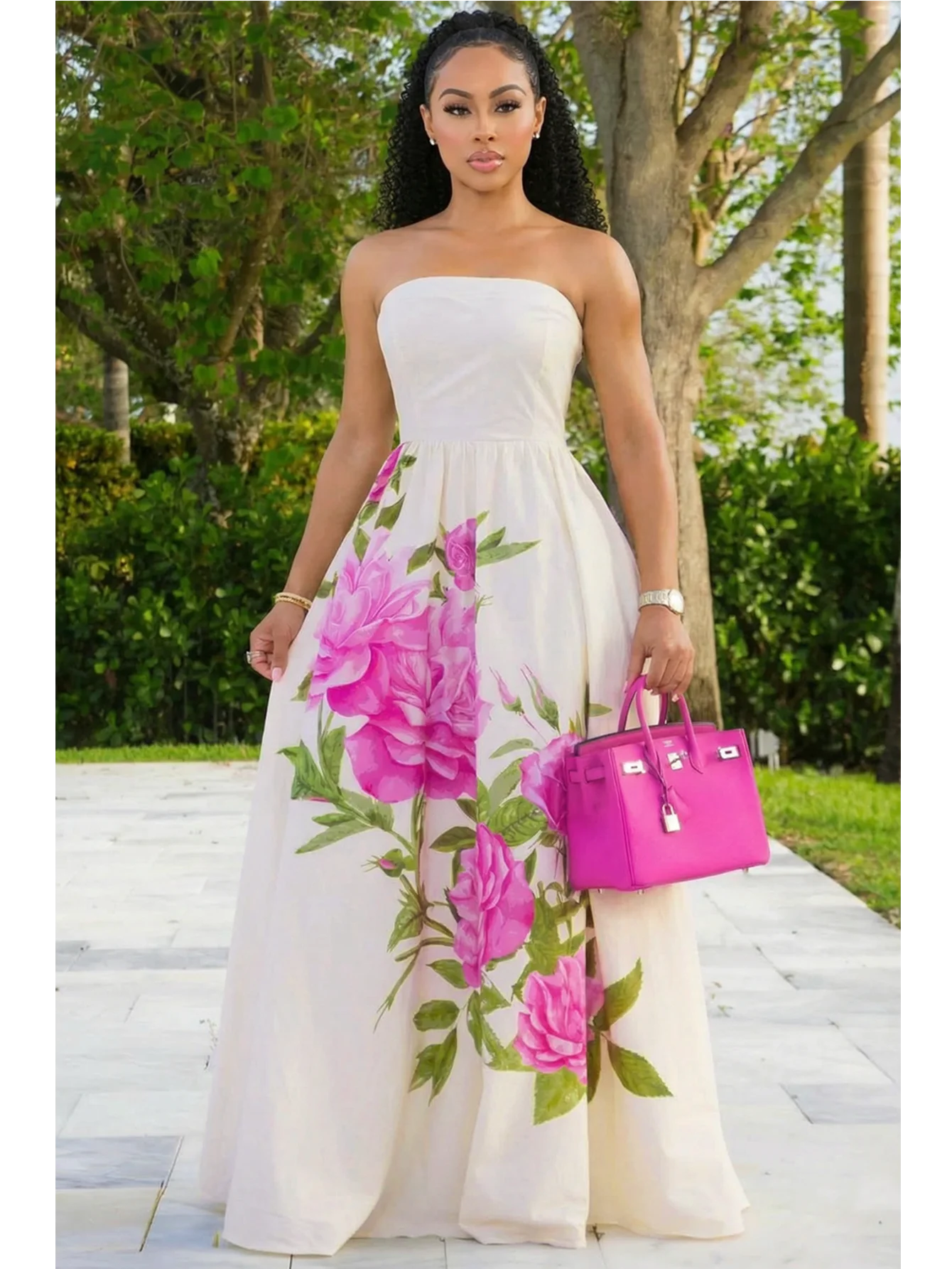 Women Tube Strapless Waist Flowy Maxi Dress With Floral Print For Wedding Guest Resort And Vacation Occasion