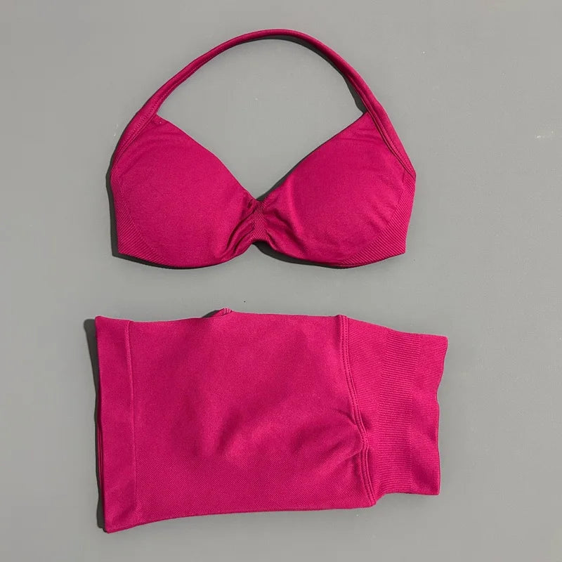 2 Pieces Yoga Gym Set Women Seamless Strappy Yoga Bra High Waist Workout Scrunch Shorts Sports Set Fitness Clothes Sportswear