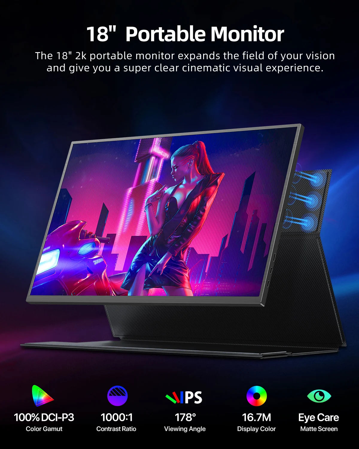 UPERFECT Portable Monitor 18" 2K 144Hz Gaming Display 2560x1600 QHD 100% DCI-P3 HDR Laptop Second Screen for Computer Phone Game