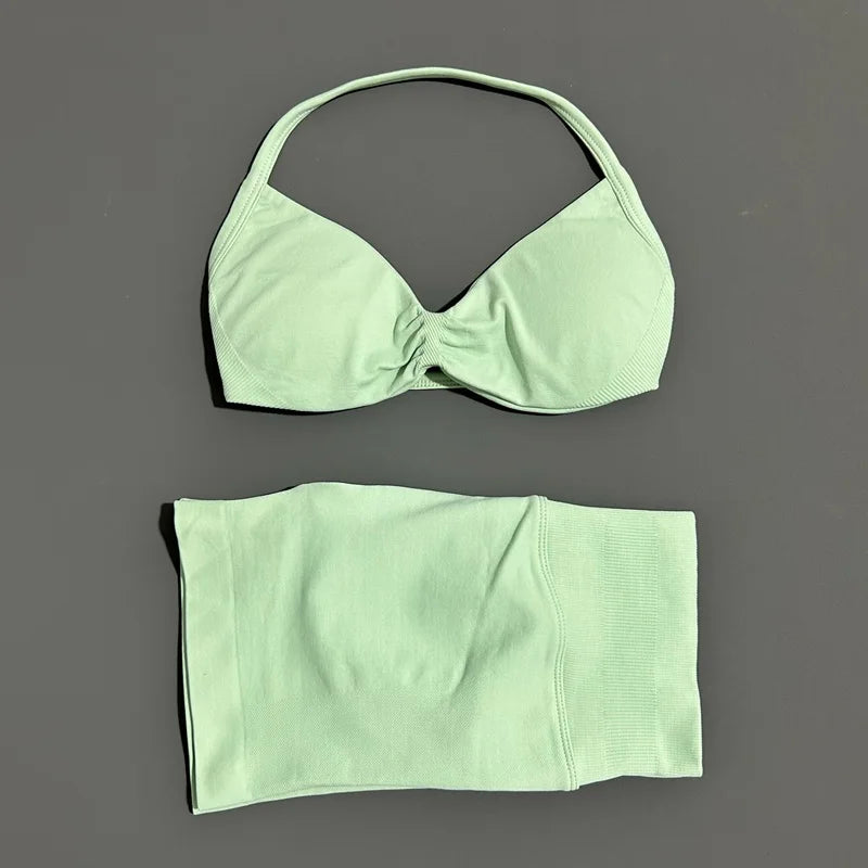 2 Pieces Yoga Gym Set Women Seamless Strappy Yoga Bra High Waist Workout Scrunch Shorts Sports Set Fitness Clothes Sportswear