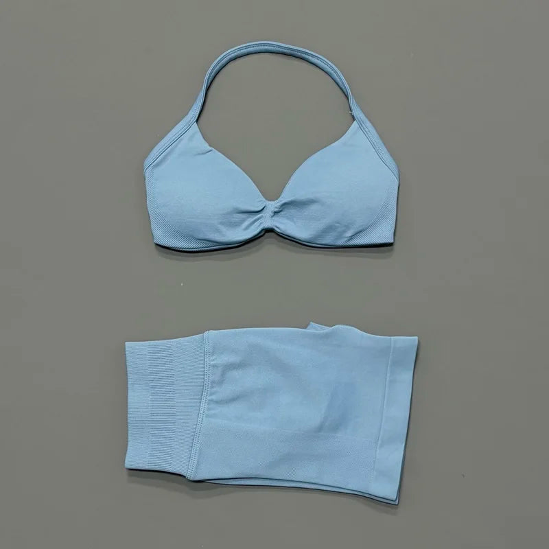 2 Pieces Yoga Gym Set Women Seamless Strappy Yoga Bra High Waist Workout Scrunch Shorts Sports Set Fitness Clothes Sportswear