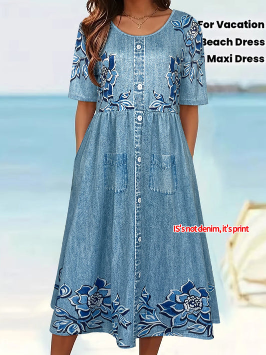 Women's Floral Print Faux Denim Midi Dress Summer Casual Print Button Front Print Pocket Short Sleeve Boho Sundress