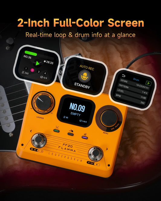 FLAMMA FF20 Guitar Looper Drum Machine Effects Pedal 300 Mins Looper, 220 Drum Groves, 100 Loop Slots Auto Record Function