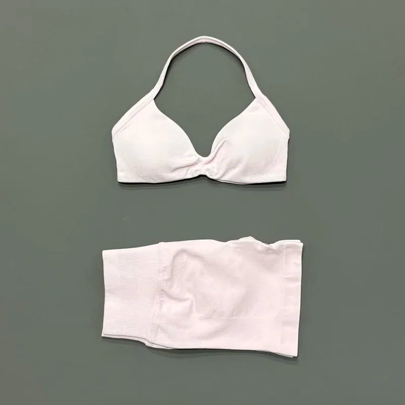 2 Pieces Yoga Gym Set Women Seamless Strappy Yoga Bra High Waist Workout Scrunch Shorts Sports Set Fitness Clothes Sportswear