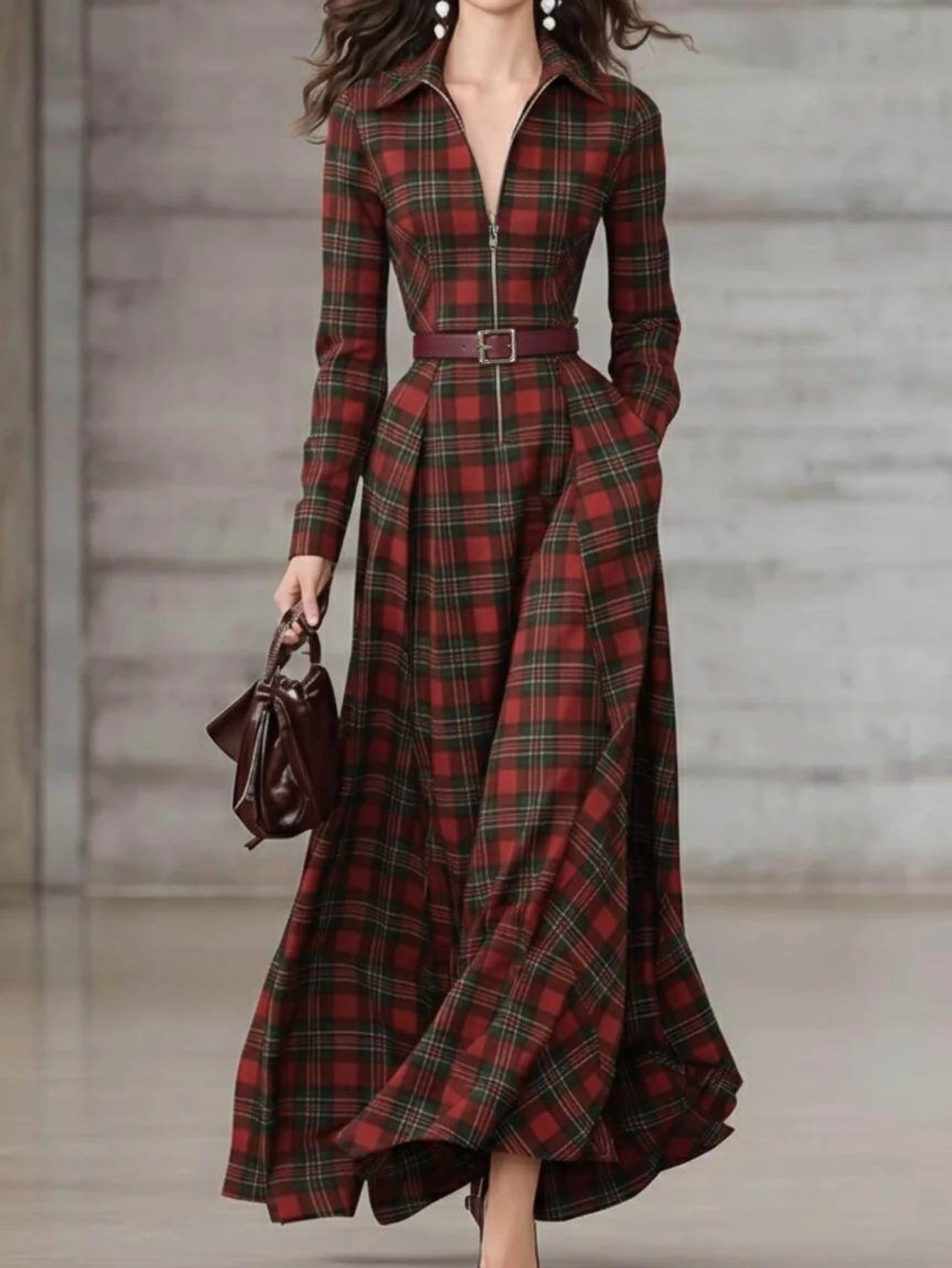 Plaid Print Collared Zip Front Maxi Dress For Women Long Sleeve Belted Waist Flared Hem Dress With Side Pockets