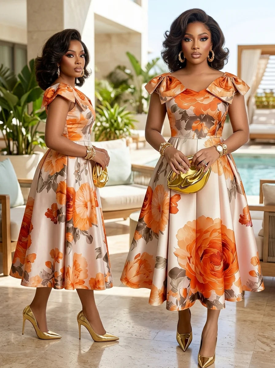 Off Shoulder Bow Strap Floral Print Midi Swing Dress For Women Wedding Guest Brunch Daily Elegant Party Occasions