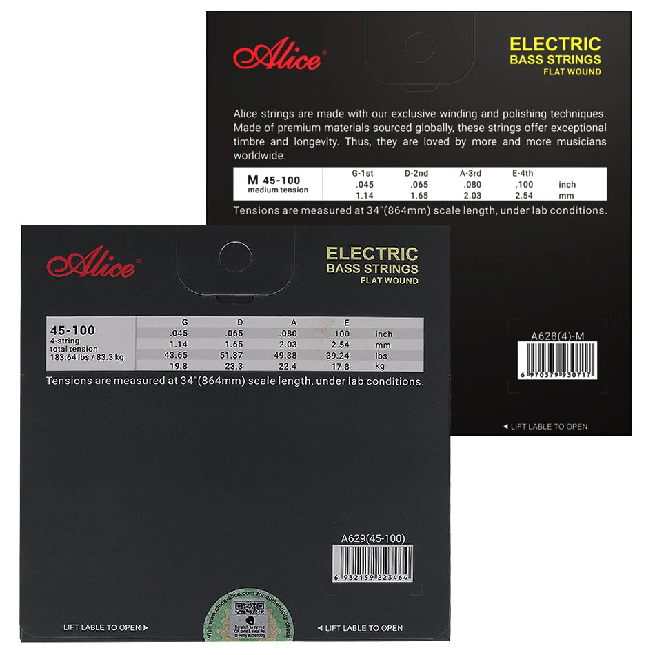 Alice A628 A629 Flat Wound Electric Bass Strings 4-Strings Hexagonal Core NI-Steel/Chrome Alloy Winding